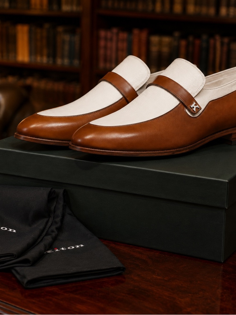 Kiton Two-Tone Leather Spectator Apron-Toe Loafers with Logo Plaque Strap